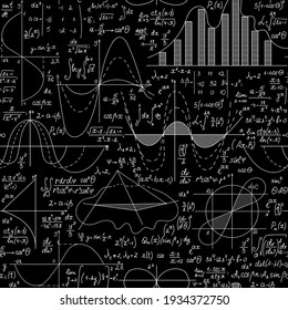 Math scientific vector seamless background with handwriten plots, figures and formulas, "chalk on blackboard" effect