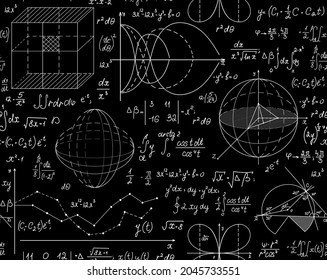 Math scientific vector seamless background with handwritten formulas and calculations