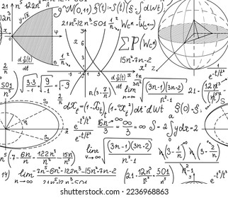 Math scientific vector seamless background with handwritten calculations, equations and plots