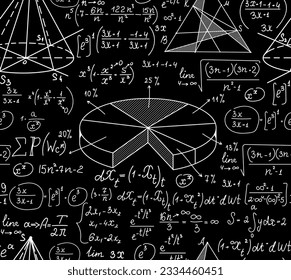 Math scientific vector seamless background with handwritten formulas, figures and calculations