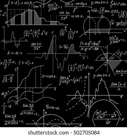 Math scientific vector seamless background with handwritten figures, formulas, plots