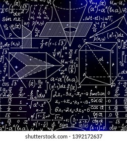Math scientific vector seamless pattern with mathematical formulas handwritten on the starry space background