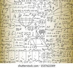 Math scientific vector seamless pattern with handwritten formulas, calculations and equations