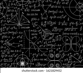 Math scientific vector seamless pattern with handwritten with chalk on blackboard formulas, tasks and calculations