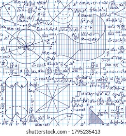 Math scientific vector seamless pattern with geometry figures, formulas and calculations handwritten on white grid sheet of paper 