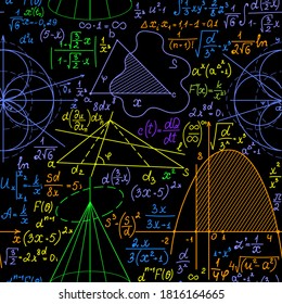 Math scientific vector seamless pattern with multicolored geometry figures, calculations and formulas