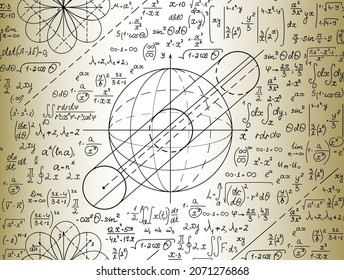 Math scientific vector seamless pattern with technical drawings and handwritten formulas on the old old yellow paper