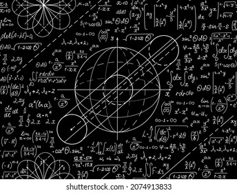 Math scientific vector seamless pattern with handwritten sphere figures, formulas, calculations