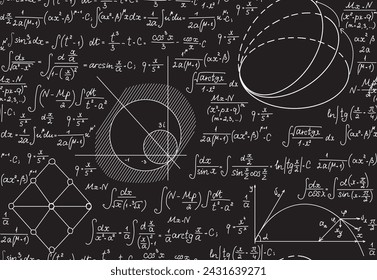 Math scientific vector seamless pattern with handwritten figures, formulas and geometry plots