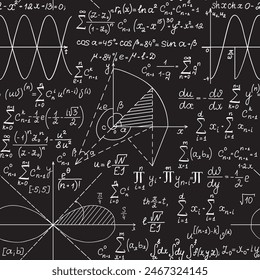 Math scientific vector seamless pattern with handwritten equations, formulas and calculations