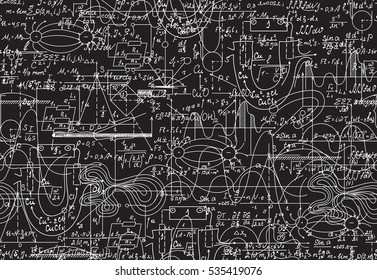 Math scientific vector seamless pattern with mathematical and physical formulas, calculations, tasks, figures and equations, shuffled together. You can use any color of background