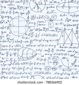 Math scientific vector seamless pattern with geometry figures, formulas and calculations, handwritten on white grid sheet of paper 