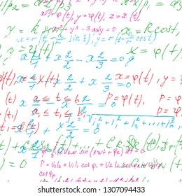 Math seamless board with handwritten mathematical and physics formulas and proves. Vector 