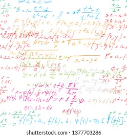 Math seamless board with handwritten mathematical and physics formulas and proves. Vector 