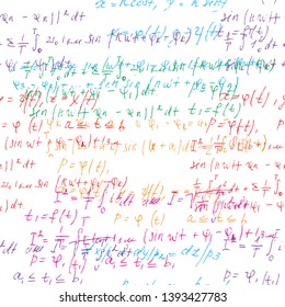 Math seamless board with handwritten mathematical and physics formulas and proves. Vector 