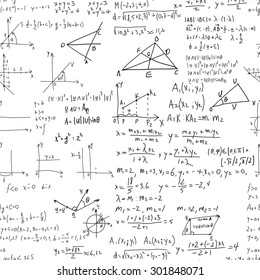 Math seamless endless pattern with handwriting of various operations such as addition, subtraction, multiplication, division an calculations. Geometry, mathematics subjects. College lectures.