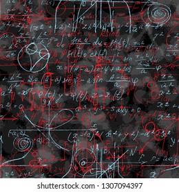 Math seamless pattern endless pattern with handwriting of various operations such as addition, subtraction, multiplication, division an calculations. Geometry, mathematics subjects. College lectures.