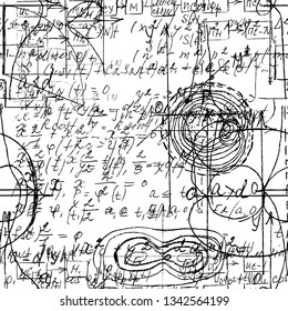 Math seamless pattern endless pattern with handwriting of various operations such as addition, subtraction, multiplication, division an calculations. Geometry, mathematics subjects. College lectures.
