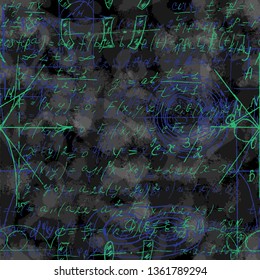 Math seamless pattern endless pattern with handwriting of various operations such as addition, subtraction, multiplication, division an calculations. Geometry, mathematics subjects. College lectures.