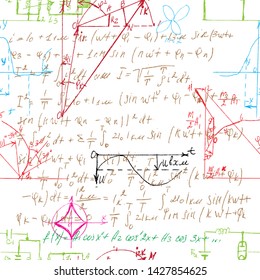 Math seamless pattern endless pattern with handwriting of various operations such as addition, subtraction, multiplication, division an calculations. Geometry, mathematics subjects. College lectures.