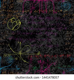 Math seamless pattern endless pattern with handwriting of various operations such as addition, subtraction, multiplication, division an calculations. Geometry, mathematics subjects. College lectures.