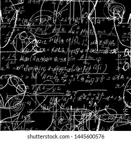Math seamless pattern endless pattern with handwriting of various operations such as addition, subtraction, multiplication, division an calculations. Geometry, mathematics subjects. College lectures.