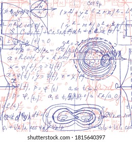 Math seamless pattern endless pattern with handwriting of various operations such as addition, subtraction, multiplication, division an calculations. Geometry, mathematics subjects. College lectures.