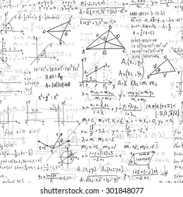Math seamless pattern endless pattern with handwriting of various operations such as addition, subtraction, multiplication, division an calculations. Geometry, mathematics subjects. College lectures.