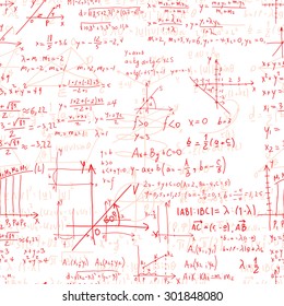 Math seamless pattern endless pattern with handwriting of various operations such as addition, subtraction, multiplication, division an calculations. Geometry, mathematics subjects. College lectures.