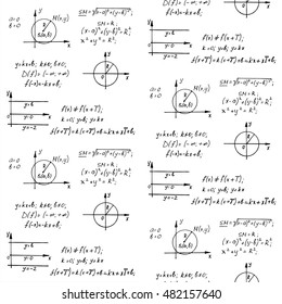 Math seamless pattern with the equations, figures, schemes, plots and other calculations. Handwritten vector Illustration.