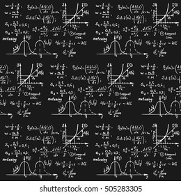 Math seamless pattern with the equations, figures, schemes, plots and other calculations on blackboard. Handwritten vector Illustration. Education background.