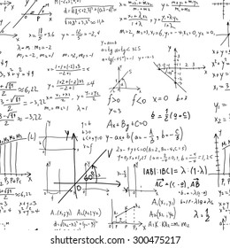 Math seamless pattern with handwriting of various operations and step-by-step solutions. Geometry and mathematics subjects. College lectures.
