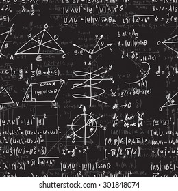 Math seamless pattern with handwriting of various operations and step-by-step solutions. Geometry and mathematics subjects. College lectures.