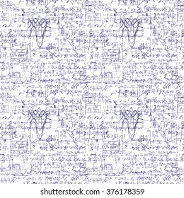 Math seamless pattern with handwriting of various operations and step by step solutions. Geometry, math, physics, electronic engineering subjects. Lectures. Lessons record. Blue pen ink.