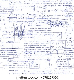 Math seamless pattern with handwriting of various operations and step by step solutions. Geometry, math, physics, electronic engineering subjects. Lectures. Lessons record. Blue pen ink.