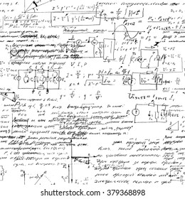 Math seamless pattern with handwriting of various operations and step by step solutions. Geometry, math, physics, electronic engineering subjects. Lectures. Endless natural hand writing on white.