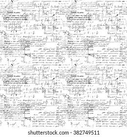 Math Seamless Pattern With Handwriting Of Various Operations And Step By Step Solutions. Geometry, Math, Physics, Electronic Engineering Subjects. Lectures. Endless Natural Hand Writing On White.