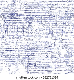 Math seamless pattern with handwriting of various operations and step by step solutions. Geometry, math, physics, electronic engineering subjects. Lectures. Lessons record. Blue pen ink.