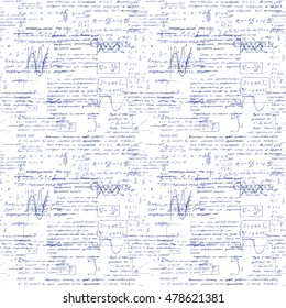 Math seamless pattern with handwriting of various operations and step by step solutions. Geometry, math, physics, electronic engineering subjects. Lectures. Lessons record. Blue pen ink.