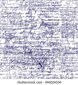 Math seamless pattern with handwriting of various operations and step by step solutions. Geometry, math, physics, electronic engineering subjects. Lectures. Lessons record. Blue pen ink.