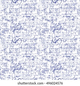 Math seamless pattern with handwriting of various operations and step by step solutions. Geometry, math, physics, electronic engineering subjects. Lectures. Lessons record. Blue pen ink.