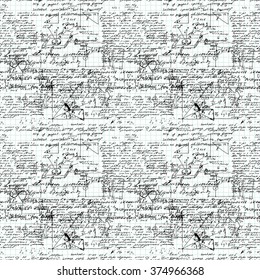 Math seamless pattern handwritten on a grid copybook paper, various operations and step by step solutions. Geometry, math, physics, electronic engineering subjects. Lectures. Lesson record. Blue grid.
