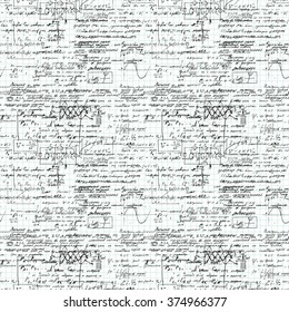 Math seamless pattern handwritten on a grid copybook paper, various operations and step by step solutions. Geometry, math, physics, electronic engineering subjects. Lectures. Lesson record. Blue grid.