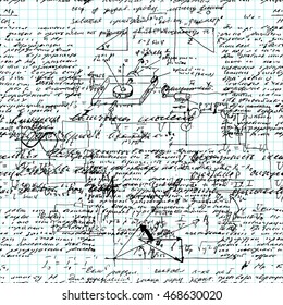 Math seamless pattern handwritten on a grid copybook paper, various operations and step by step solutions. Geometry, math, physics, electronic engineering subjects. Lectures. Lesson record. Blue grid.
