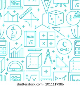 Math Seamless Pattern In Line Style. Science Background With Math Symbols. Vector Illustration.