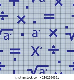 Math seamless pattern with mathematics elements. Background with different formulas and signs. 