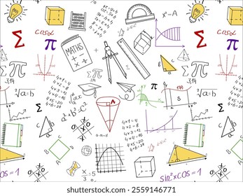 Math seamless pattern Vector background with mathematical figures and formulas. Doodle style. Suitable for decorating various school items and things and many other line art	