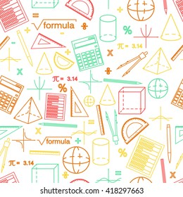 Math seamless white pattern. Linear style. Knowledge of mathematics and geometry. The geometric shapes. The abacus and the calculator. The pen and pencil. Concept of knowledge. Vector illustration.