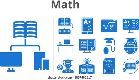 math set. included feedback, ereader, desktop, ebook, test, school, homework, student, maths, elearning, doc, learning icons. filled styles.