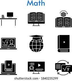 math set. included professor, desktop, ebook, instructor, school, learn, homework, learning icons. filled styles.